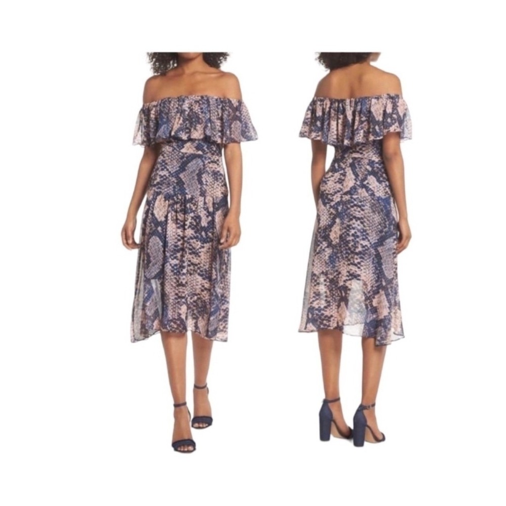 Cooper St Dress Navy Blue Pink Snakeskin Off Shoulder Ruffle Midi Preppy Size 18